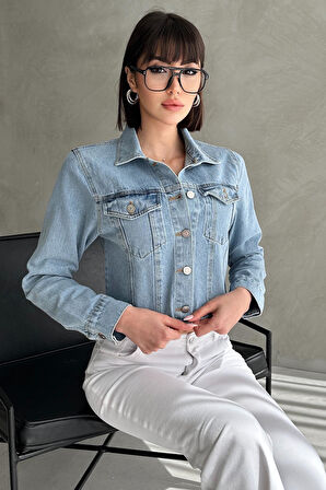 Cepli Düğmeli Uzun Kollu Crop Denim Ceket
