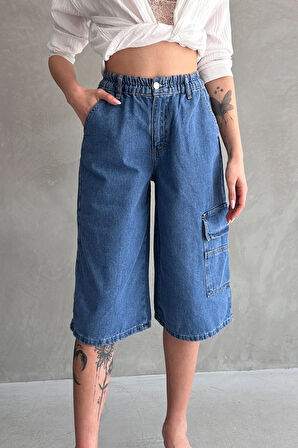 Diz Altı Geniş Kesim Tek Cepli Denim Bermuda