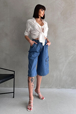Diz Altı Geniş Kesim Tek Cepli Denim Bermuda