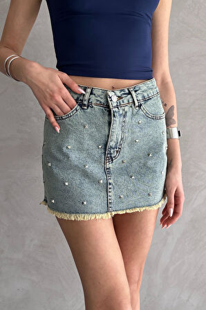 Taşlı Püsküllü Eskitme Mini Denim Etek