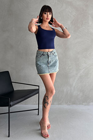Taşlı Püsküllü Eskitme Mini Denim Etek