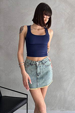 Taşlı Püsküllü Eskitme Mini Denim Etek