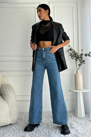 Kadın Yüksek Bel Wide Leg Mavi Jean Pantolon