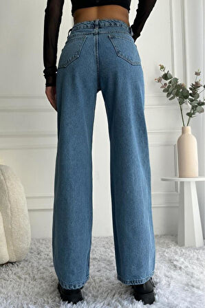 Kadın Yüksek Bel Wide Leg Mavi Jean Pantolon