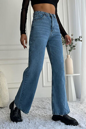 Kadın Yüksek Bel Wide Leg Mavi Jean Pantolon