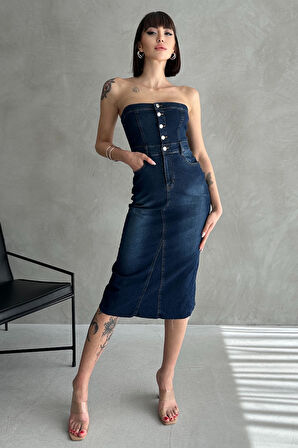 Yarım Düğmeli Sırtı Lastikli Cepli Midi Denim Elbise