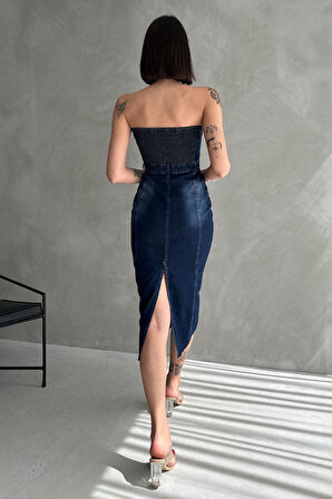 Yarım Düğmeli Sırtı Lastikli Cepli Midi Denim Elbise