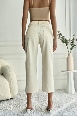 Kadın Yüksek Bel Dantel İşlemeli Mom Fit Bej Jean Pantolon