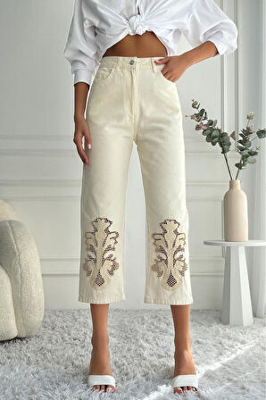 Kadın Yüksek Bel Dantel İşlemeli Mom Fit Bej Jean Pantolon