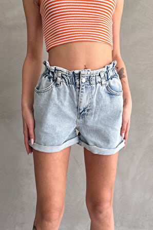 Beli Lastikli Pileli Duble Paça Denim Şort 