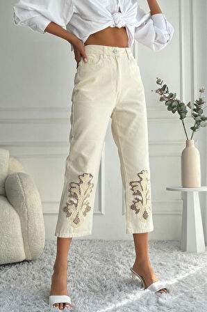 Kadın Yüksek Bel Dantel İşlemeli Mom Fit Bej Jean Pantolon