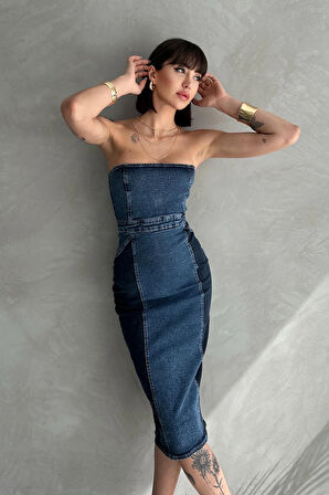 Çift Renkli Kısa Yırtmaçlı Diz Altı Denim Elbise