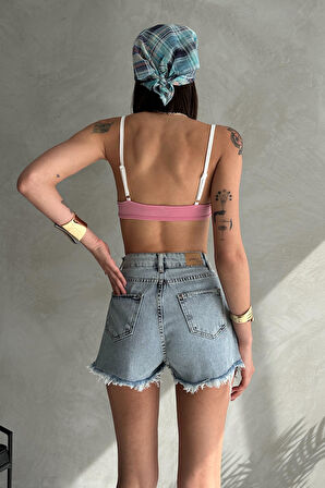 Püsküllü Yırtık Detaylı Denim Mini Şort