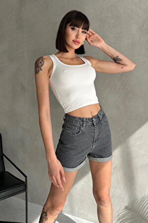 Duble Paça Kısa Düz Denim Şort