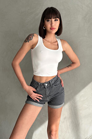 Duble Paça Kısa Düz Denim Şort