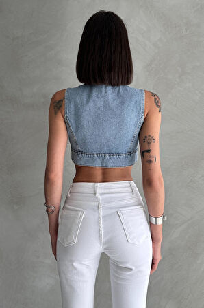 Kurdele Detaylı Düğmeli Denim Büstiyer