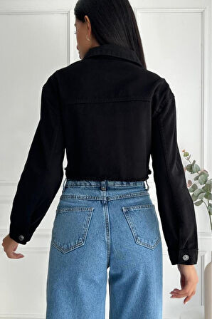 Kadın Etek Ucu Püsküllü Crop Denim Ceket