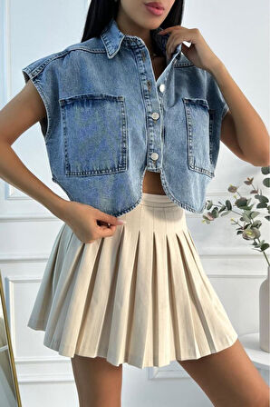 Kadın Crop Oversize Mavi Denim Yelek