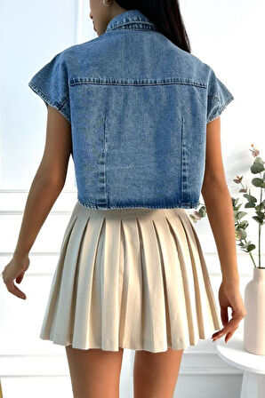 Kadın Crop Oversize Mavi Denim Yelek