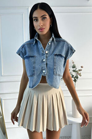 Kadın Crop Oversize Mavi Denim Yelek