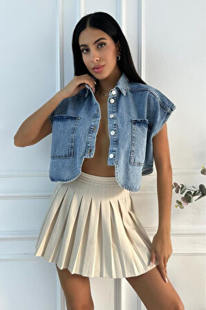Kadın Crop Oversize Mavi Denim Yelek