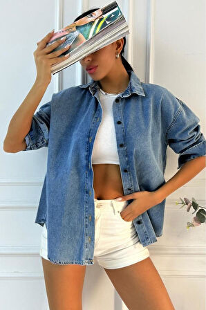 Kadın Oversize Mavi Denim Gömlek