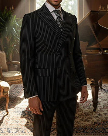 Modern Fit Kruvaze Çizgili Takım Elbise