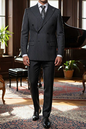 Modern Fit Kruvaze Çizgili Takım Elbise