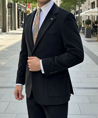 Modern Fit Siyah Kadife Ceket