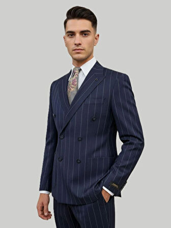 Hermose Lacivert Çizgili Modern Fit Kruvaze Takım Elbise – Premium Collection