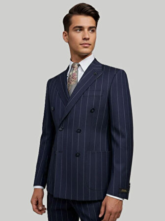 Hermose Lacivert Çizgili Modern Fit Kruvaze Takım Elbise – Premium Collection