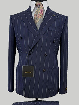 Hermose Lacivert Çizgili Modern Fit Kruvaze Takım Elbise – Premium Collection