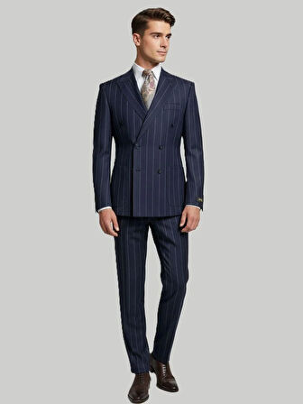 Hermose Lacivert Çizgili Modern Fit Kruvaze Takım Elbise – Premium Collection