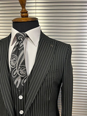 Modern Fit Siyah Çizgili Erkek Takım Elbise - Yelekli 3'lü Set