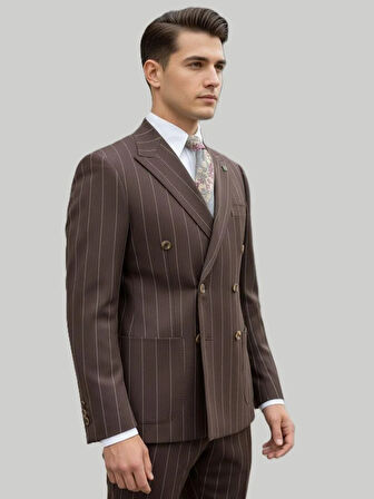 Hermose Kahverengi Çizgili Modern Fit Kruvaze Takım Elbise – Premium Collection