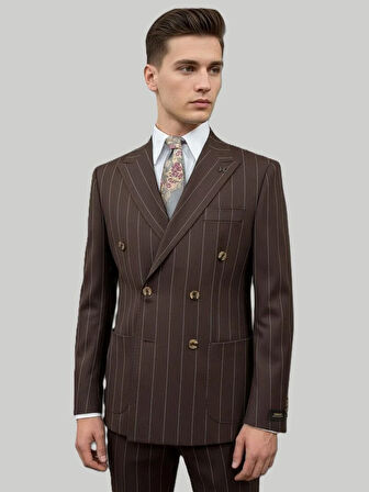 Hermose Kahverengi Çizgili Modern Fit Kruvaze Takım Elbise – Premium Collection