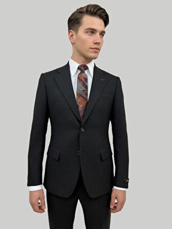 Hermose Siyah Dokulu Modern Fit Tek Düğmeli Ceket