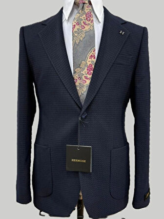 Hermose Lacivert Dokulu Modern Fit Ceket