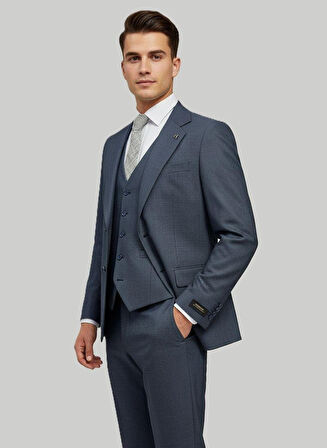 Hermose Mavi Dokulu Modern Fit Üçlü Takım Elbise