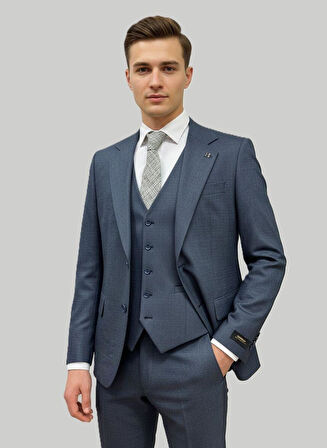 Hermose Mavi Dokulu Modern Fit Üçlü Takım Elbise