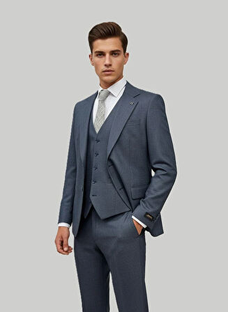 Hermose Mavi Dokulu Modern Fit Üçlü Takım Elbise