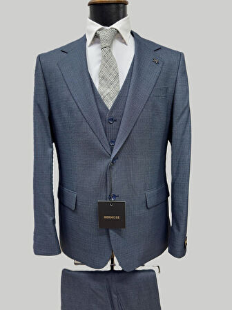 Hermose Mavi Dokulu Modern Fit Üçlü Takım Elbise