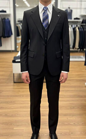 Siyah Modern Fit Yelekli Erkek Takım Elbise 