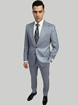 Hermose Gri Melanj Açık Mavi Kruvaze Takım Elbise – Modern Fit