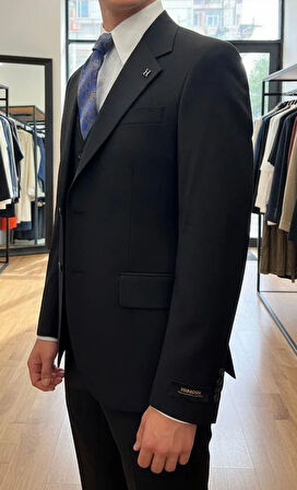 Siyah Modern Fit Yelekli Erkek Takım Elbise 
