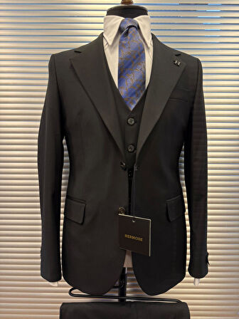 Siyah Modern Fit Yelekli Erkek Takım Elbise 