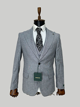 Hermose Gri Keten Dokulu Yelekli Takım Elbise – Modern Fit