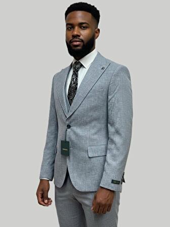 Hermose Gri Keten Dokulu Yelekli Takım Elbise – Modern Fit