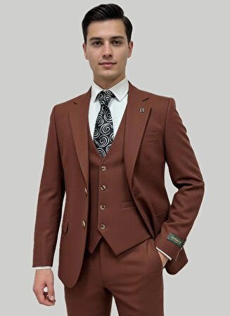 Hermose Kiremit Rengi Yelekli Takım Elbise – Modern Fit