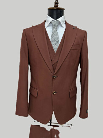 Hermose Kiremit Rengi Şal Yaka Yelekli Takım Elbise